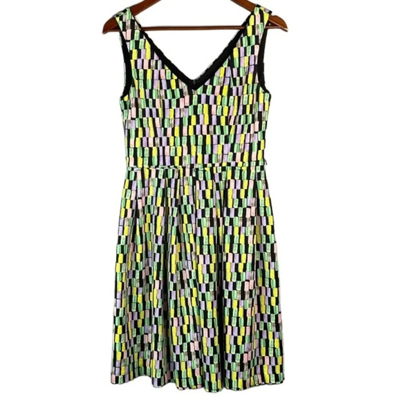 CALVIN KLEIN Pastel Geometric Print Fit and Flare Dress V Neck Sleeveless 4 - Picture 2 of 10